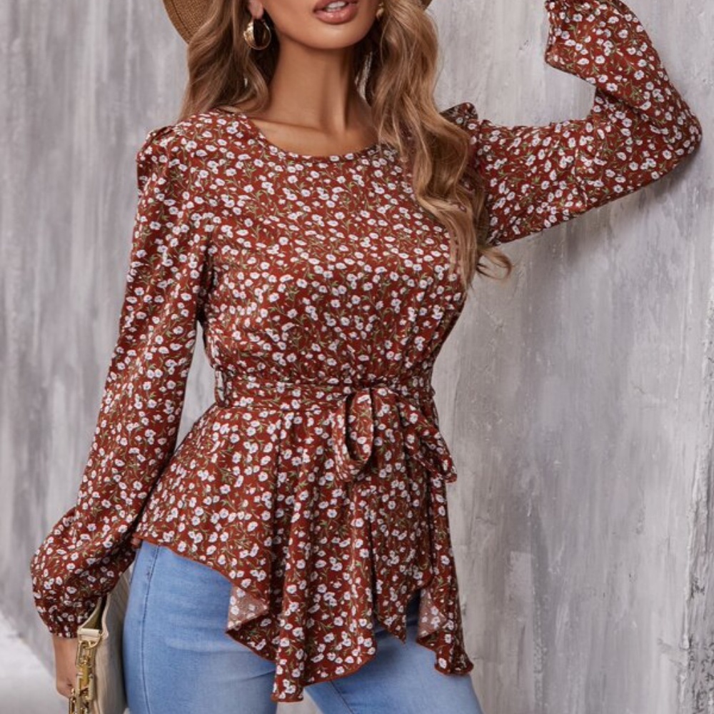 Bohemian Floral Print Lantern Sleeve Top Cottagecore - Picture 1 of 5